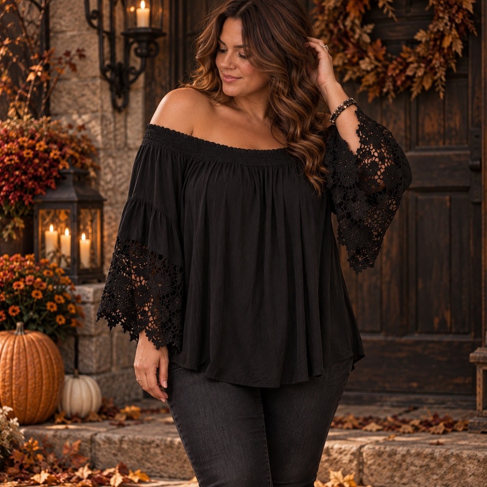 Muche Muchette Black Lace Bell Sleeve Off Shoulder Boho Blouse Romantic Goth O/S